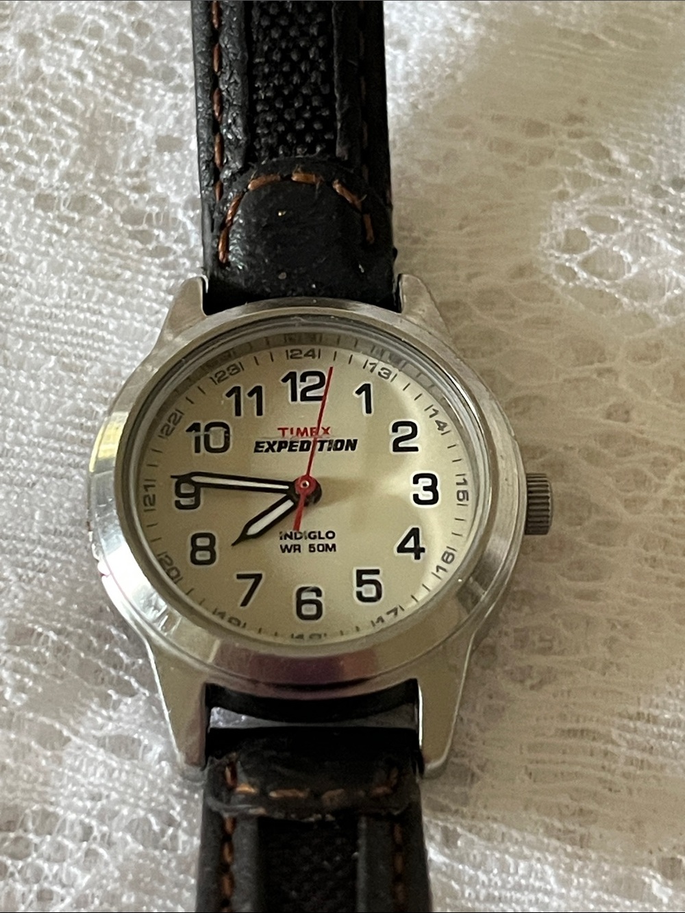 Timex Expedition Silver Dial Watch with Brown Leather Strap and Red Second Hand